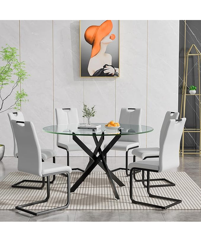 HomVent 7 Piece Round Glass Dining Table Set, Round Glass Kitchen Table Set for 6 with 6 PU Upholstered Dining Chairs for Kitchen Dining Room