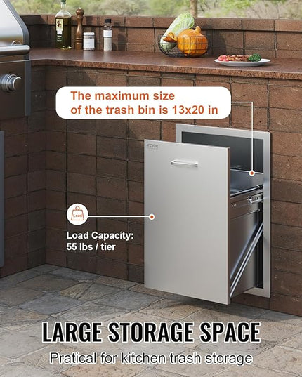 VEVOR Outdoor Kitchen Trash Drawer 17.7W x 25H x 22.8D Inch, Stainless Steel Trash Drawer with Handle and Pull-Out Tray, Outdoor Pull Out Kitchen BBQ Island, Trash Can NOT Included