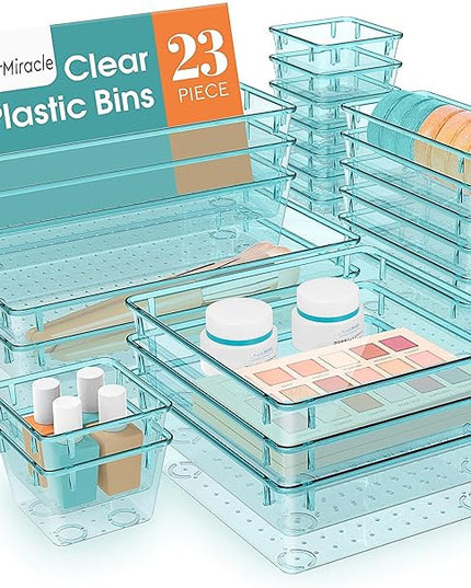 23 PCS Drawer Organizer Set, 5 Varied Size Bathroom and kitchen Drawer cabinet organizer Trays, Clear Storage Bins for Makeup, Jewelry, Utensils and Gadgets