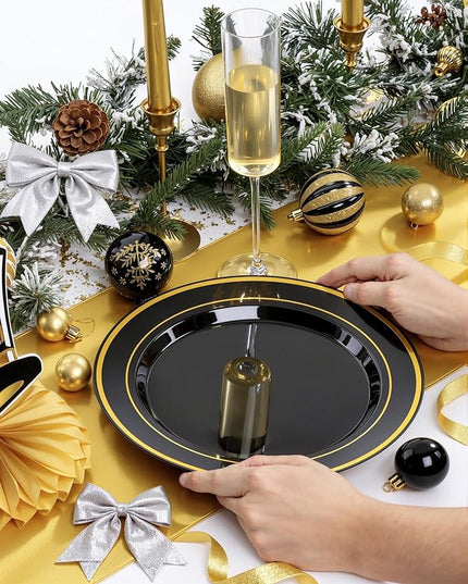 bUCLA 100 Pieces Black and Gold Plastic Dinner Plates - 10.25 inch Black Disposable Plates with Gold Rim - Ideal for Party, Graduation & New Year