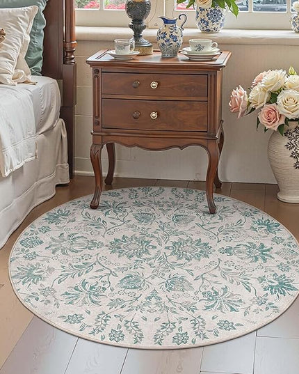 jinchan Torino Classic Floral Round Rug 5ft Vintage-Inspired Design 5’Circle Rug Machine Washable Ultra-Thin Low-Pile Non-Slip Indoor Carpet for Bedroom Dining Room Living Room Entryway