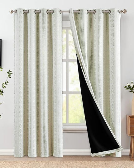 jinchan 95% Blackout Boho Curtains 90 Inch Length for Bedroom Living Room Sage Green on Beige Geometric Printed Grommet Top Room Darkening Thermal Insulated Window Drapes 2 Panels