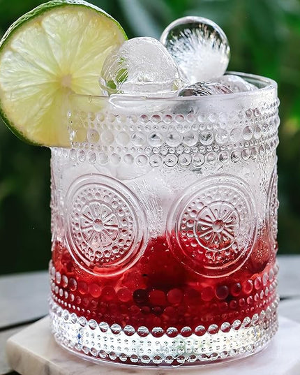 Hobnail Beaded Floral Clear Drinking Glasses Set of 6, (10 oz) Vintage Glassware Set by Kate Aspen| Cocktail Glass Set, Juice Glass, Water Cups | Great Hostess Gift & Gift for New Home Owners