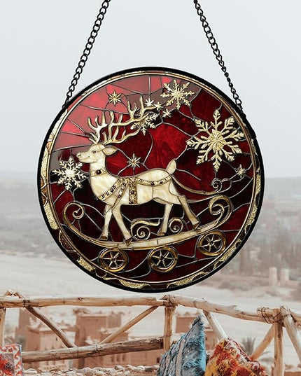 Stained Glass Window Hanging 4 Pcs Set Red Christmas Elk Snowflakes 9.8" - Deer Suncatcher Door Garden Sun Catcher Decor Birthday for Mom Woman Nana Men Friend