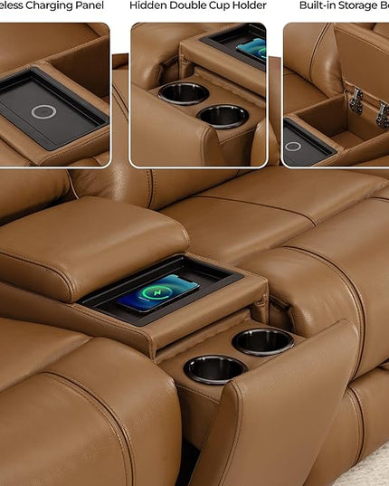 CHITA Genuine Leather Power Recliner Sofa, Wall Hugger Reclining Loveseat with Console, Power Headrest, Charging Ports, Reclining Sectional Couch for Living Room, RV, Saddle