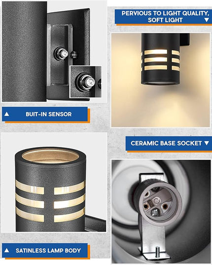 TENGXIN Outdoor Wall Lights, 2-Pack Dusk to Dawn Modern Outdoor Wall Sconce with Stainless Steel Cylinder, Black Finish Wall Mount Light,IP65 Waterproof
