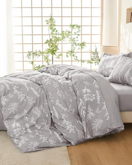 MUXHOMO Silver Grey Full Comforter Set, Elegant Floral Print Bed in a Bag 7 Pieces, Ultra Soft & Breathable Reversible Botanical Pattern Bedding Set with Comforter, Sheets, Pillowcases, and Shams