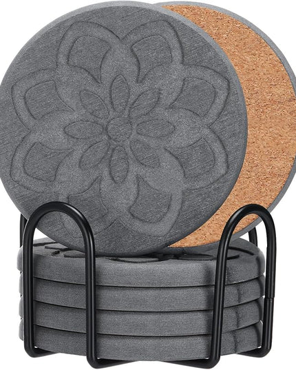 6 Pcs Diatomaceous Earth Absorbent Coasters with Holder 4 Inch Floral Engraved Non-Slip Round Diatom Mud Cup Mats Drink Coasters for Home Office Coffee Kitchen Bar Table Decor