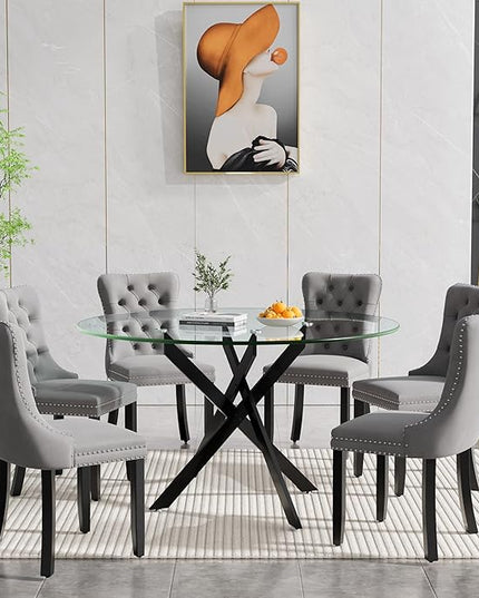 HomVent 7 Piece Round Glass Dining Table Set, Tempered Glass Dinner Table Set for 6 Kitchen Table Set with 6 Velvet Upholstered Chairs for Kitchen Dining Room
