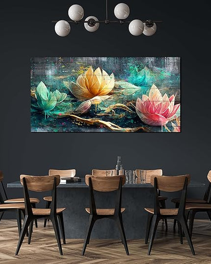 GUGIKA Lotus Flower Wall Art for Living Room, Floral Canvas Wall Decor for Bedroom, Teal Vintage Print Painting, Colorful Artwork for Home, Aesthetic Picture Decoration, Size 40x20