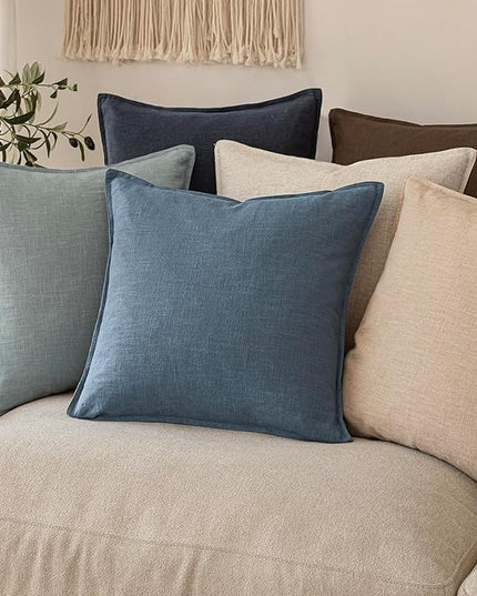 Foindtower Set of 2, Decorative Linen Soild Throw Pillow Covers Soft Accent Euro Cushion Case Boho Farmhouse Neutral Pillowcase for Couch Sofa Bedroom Living Room Home Decor 18 x 18 Inch Misty Blue