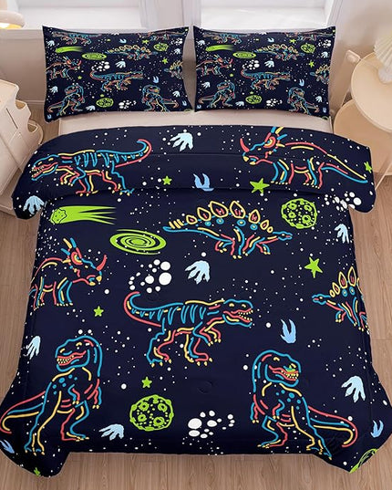 NINENINE Dark Blue Dinosaur Bedding Sets for Kids Boys,Retro Dinosaur Bedding Comforter,Full Size Bedding Sets for Boys Kids, with 1 Comforter 2 Pillowcases