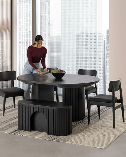 Transformer Table - Solid Wood Extendable Round Dining Table Set with Bench and 4 Chairs, Seats 4-10, Extendable Round Dining Set, Smoked Hickory, Black Finish (Table + Bench + 4 Chairs)