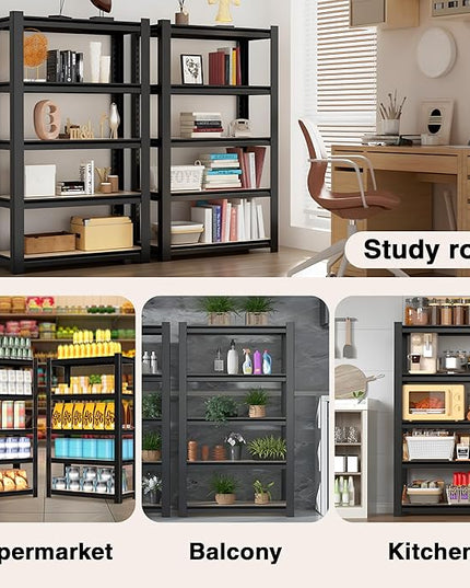 WORKPRO House 5-Tier Shelving Unit, 3000lbs Adjustable Storage Shelves, Boltless Book Shelf, Shelf Organizer for Kitchen, Living Room, Bathroom, Wood Grain Pattern, Waterproof Board, 24-1/10"W, Black