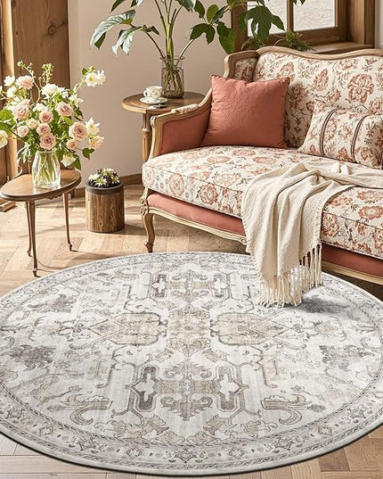 jinchan Round Rug 5ft Area Rug Indoor Vintage Floral Circle 5' Washable Ultra-Thin Low Pile Soft Small Non Slip Distressed Print for Living Room Dining Room Bedroom Entryway Taupe