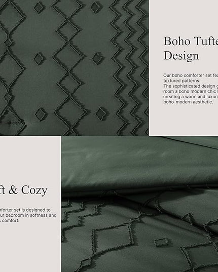 Queen Comforter Set Dark Green, Tufted Boho Bedding Farmhouse Bed Set, All Season 7 Pieces Bed in a Bag with Sheets, Pillowcases & Shams