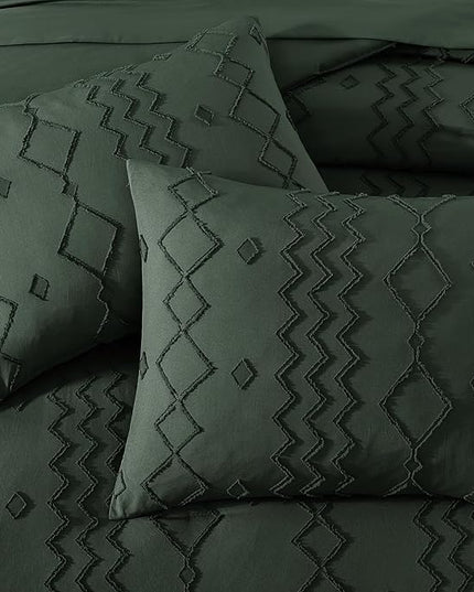 Queen Comforter Set Dark Green, Tufted Boho Bedding Farmhouse Bed Set, All Season 7 Pieces Bed in a Bag with Sheets, Pillowcases & Shams