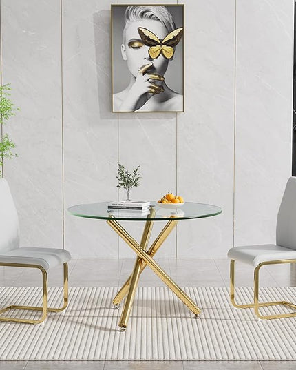 HomVent Round Glass Dining Table Set for 2, 3-Piece Modern Kitchen Table Set with 2 PU Upholstered Chair for Kitchen Dining Room, Glass Dining Room Table Set