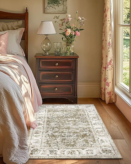 jinchan Fiora Floral 3x5 Area Rug for Entryway - Machine Washable Taupe Vintage Distressed Design Doormat Non-Slip Ultra-Thin Low Pile Boho Rug for Kitchen Living Room Bedroom Farmhouse (3'x5', Taupe)