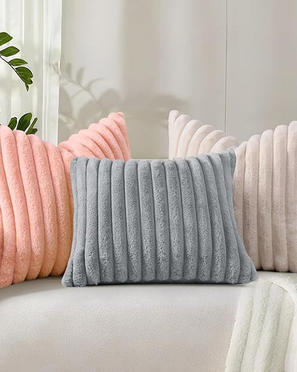 decorUhome Faux Fur Spring Throw Pillow Covers 18x18 Set of 2, Decorative Soft Plush Striped Neutral Couch Euro Pillow Covers with Velvet Back for Sofa, Bed, Living Room Home Decor, Beige