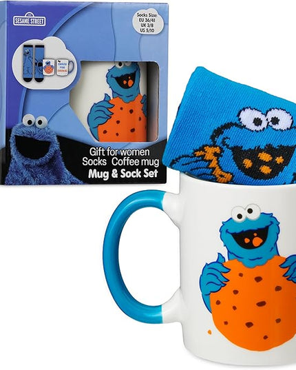 Get Trend Sesame Street Coffee Mug and Socks Set, 11.5 oz Ceramic Cup with Crew Socks, Elmo Drinkware Christmas, Secret Santa Gifts for Women (Multi Cookie Monster)