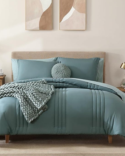 Monbix Queen Comforter Set - 7 Pieces Blue Green Bed in a Bag Queen Bedding Sets with Comforters, All Seasons Comforter Bed Set with Sheets,Pillowcases & Shams