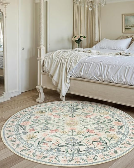 Wonnitar Floral Round Rugs 6ft, Boho Large Machine Washable Circle Rug, Low Pile Soft Flower Botanical Print Beige Round Carpet for Living Room Bedroom Dorm Sunroom