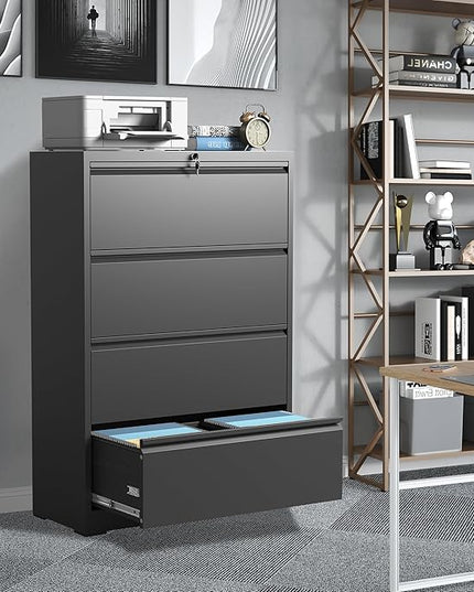 File Cabinets 4 Drawer,Metal Office Storage Filing Cabinet with Lock,Black Lateral Filing Cabinet for Home Office,Horizontal Locking File Cabinet for Legal/Letter/A4 Files,Assembly Required