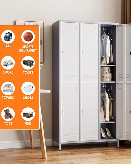 Aobabo Upgraded Metal Storage Locker for Employees, 6 Doors Metal Locker Cabinet with Lock and Name Card Slot, Industrial Storage with 18 Hooks, for Office Gym, Assembly Required,Grey White
