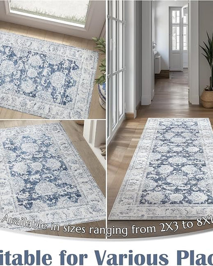 jinchan Fiora Hallway Runner Rug 3x10 Washable Runner - Vintage Floral Non Slip Low-Pile Soft Thin Faux Wool Kitchen Rug Distressed Carpet for Farmhouse Bedroom Laundry Room(3x10ft,Dark Blue)