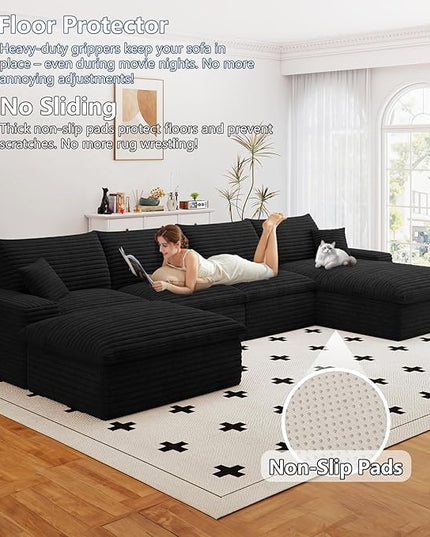 136" Cloud Couch Modular Sectional Sofa for Living Room, U-Shape Boneless Couch with Deep Seat, Modern Corduroy 4-Seater with Ottoman, No Assembly Required (Black,Right-Facing Chaise)