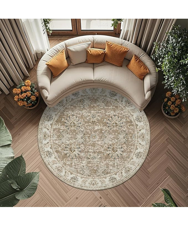 jinchan Fiora Round Rug 6ft Area Rug - Taupe Vintage Floor Mat Indoor Ultra-Thin Soft Floral Print - Washable Circle 6' Retro Accent for Farmhouse Non Slip Dining Room Living Room Bedroom Office