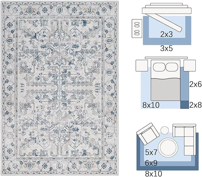 jinchan Lima 6x9 Machine Washable Area Rugs for Living Room - Vintage Floral Stain Resistant Low Pile Ultra-Thin Non Slip Accent Rug for Bedroom Kitchen Dining Room Home Office (6x9ft, Blue)