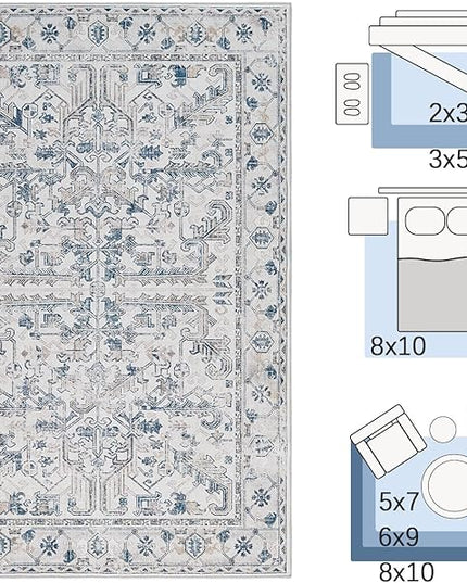 jinchan Lima Kitchen Runner Rug 3x8 - Vintage Floral Machine Washable Non-Slip Hallway Runner Rug with Rubber Backing Ultra-Thin Carpet for Bedroom Laundry Room Farmhouse (3x8ft, Blue)