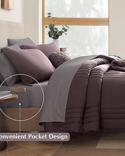 Monbix Full Comforter Set - 7 Pieces Italian Plum in a Bag Full Size Bedding Sets with Comforters, All Seasons Down Alternative Comforter with Sheets,Pillowcases & Shams