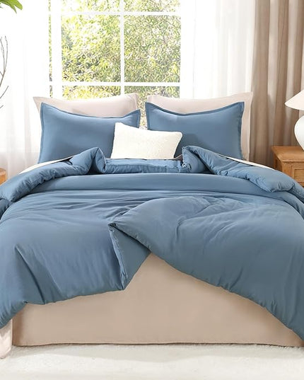 Litanika Comforters Oversized King Size Grayish Blue,3 Pieces Lightweight Solid Bedding Set & Collections, All Season Fluffy Bed Set (120x98In Comforter & 2 Pillowcases)