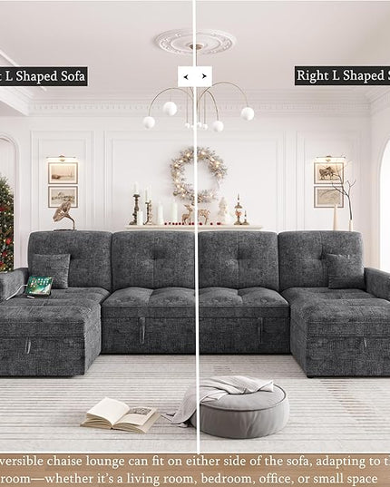 HIFIT LED Sectional Sleeper Sofa with Pull Out Couch Bed, Convertible L Shaped Sofa w/Storage Chaise, Adjustable Backrest & USB, 80'' Comfy Chenille Sectional Couch for Living Room Apartment, Grey