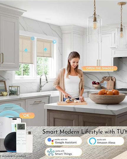 Persilux Smart Motorized Blinds with Remote, No Drill Automatic Roller Shades for Indoor Windows, Light Filtering Linen Fabric, Electric Blinds for Windows, Linen Beige C156-2, Custom Size