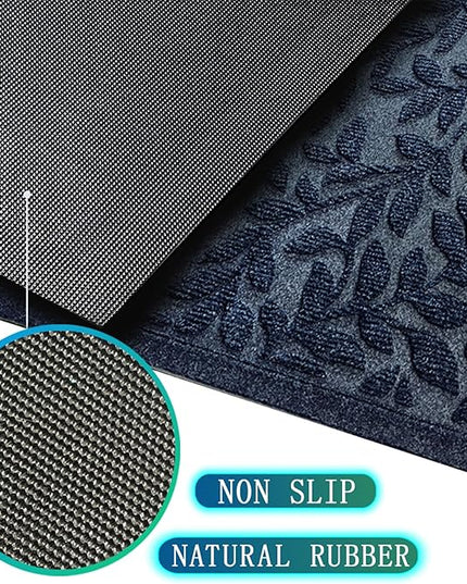 Bulijojo Sturdy Front Entrance Doormats,Durable Heavy Duty Welcome Mat,Thick Absorbent Natural Rubber Non Slip Mat,Easy Clean Entryway Mat 17x30 Inch Leaves Blue