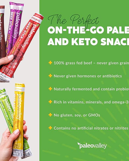 Paleovalley 100% Grass Fed Beef Sticks - Delicious Gluten Free Beef Snack - High Protein Keto Friendly, 50 Count Variety Pack