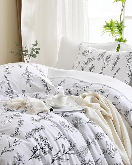 MUXHOMO White Bed in a Bag Queen 7 Pieces, Queen Comforter Set Reversible Botanical Flowers Design, Ultra Soft & Breathable Bedding Sets with Comforter, Sheets, Pillowcases & Shams