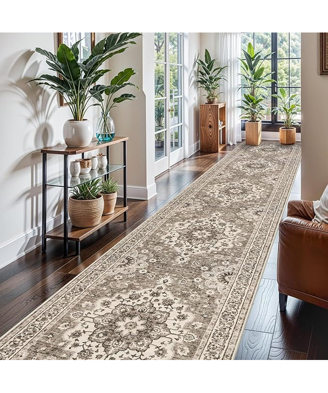 Washable Oriental Hallway Runner Rug - 3x16 Rugs for Living Room Soft Carpet for Bedroom Kitchen Waterproof Floral Distressed Indoor Stain Resistant Non-Shedding Floor Carpets (Beige, 3X16)