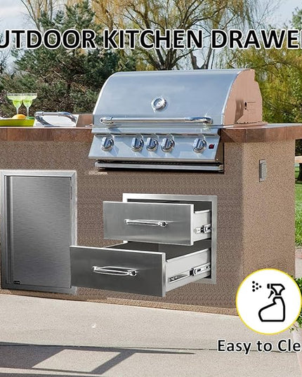 Outdoor Kitchen Drawers 18" W x 15" H x 23" D Flush Mount Double layer BBQ Drawers with Chrome Handle,Stainless Steel Built-in 2-Drawer for Outdoor Kitchen Island, Patio Grill Station