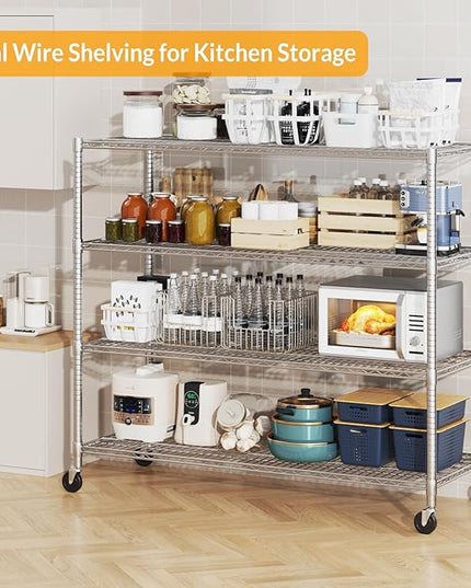 Himimi Storage Shelves with Wheels, 4-Tier Heavy Duty Steel Wire Rack Storage Shelving, Adjustable Metal Storage Shelves for Garage Kitchen Pantry Bathroom Laundry 18" D*60" W*72" H, Silver