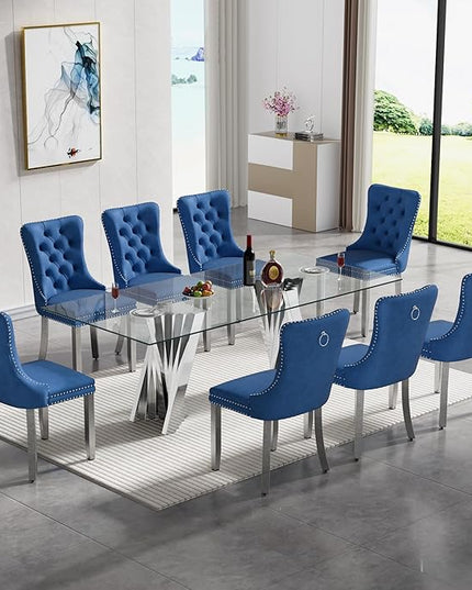 9 Piece Glass Dining Table Set,70" Dinner Room Glass Table Set for 8,Modern Kitchen Dinner Table Set with Stainless Steel Base and 8 Upholstered Velvet Dining Chairs for Living Dining Room