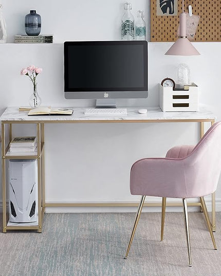 ivinta Computer Desk, Home Office Desk with Storage Shelves for Living Room, Bedroom, Office, Whale-ML55 (White and Gold, 55")