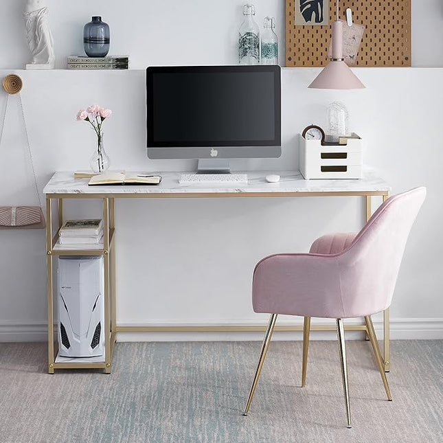 ivinta Computer Desk, Home Office Desk with Storage Shelves for Living Room, Bedroom, Office, Whale-ML55 (White and Gold, 55")
