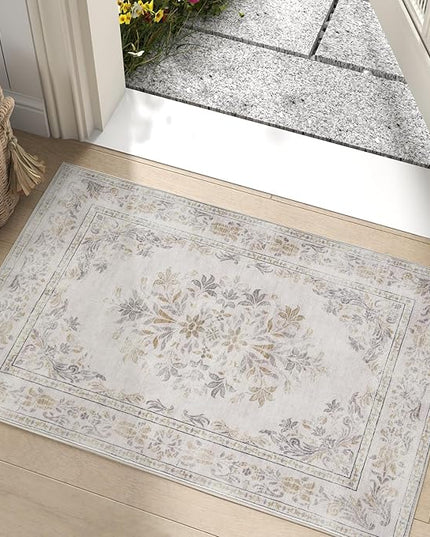 jinchan Floral 2x3 Rug for Entryway - Vintage Washable Area Rug Ultra-Thin Low Pile Soft Small Non Slip Distressed Indoor Door mat Accent for Entrance Kitchen Bedroom Bathroom (2x3ft, Light Grey)