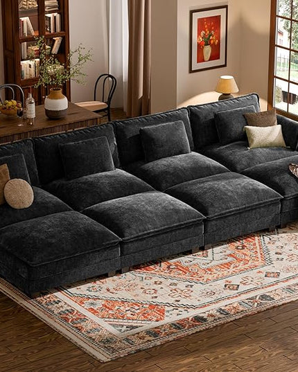 ELUCHANG Oversized 153" Modular Sectional Sofa, Comfy Deep Seat Cloud Couch, Sleeper Sofa Bed, 8 Seat Modern Couch with Removable Cover for Living Room, Apartment, DIY Combination, Chenille Black