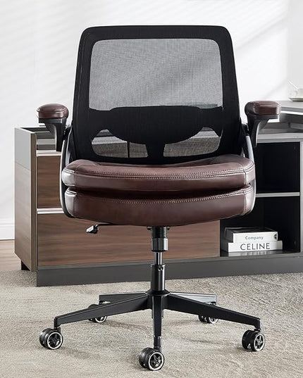 Big and Tall Office Chair, 500lbs Mesh Heavy Duty Ergonomic Desk Chair with Flip-up Armrests, Plus Size Wide Seat in PU Leather, 360 Swivel Computer Executive Task Chair for Home Office (Brown)